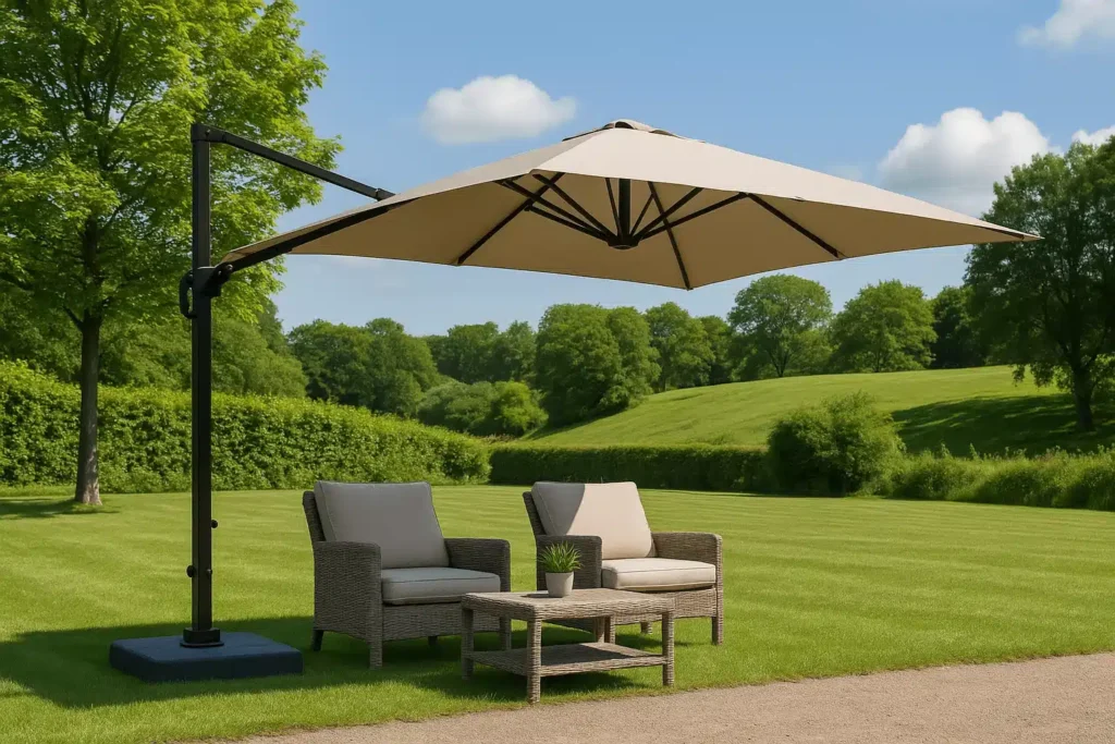 cantilever-umbrella-large-outdoor-garden-luxury-shade.jpg Large cantilever umbrella providing stylish outdoor shade in a modern garden setting
