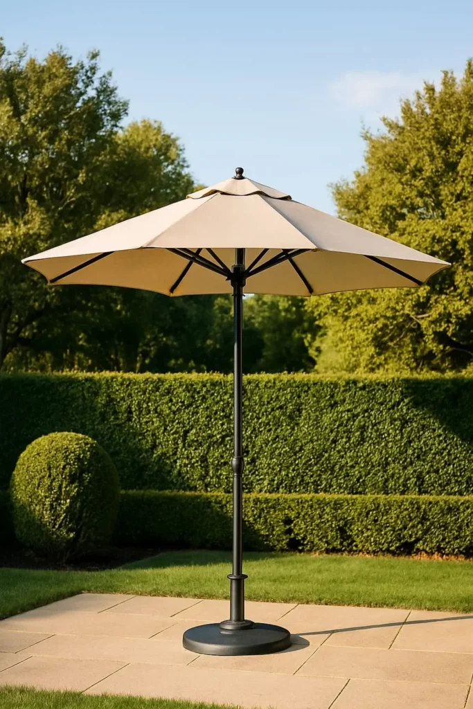 Center pole umbrella providing shade over outdoor seating at a Dubai café