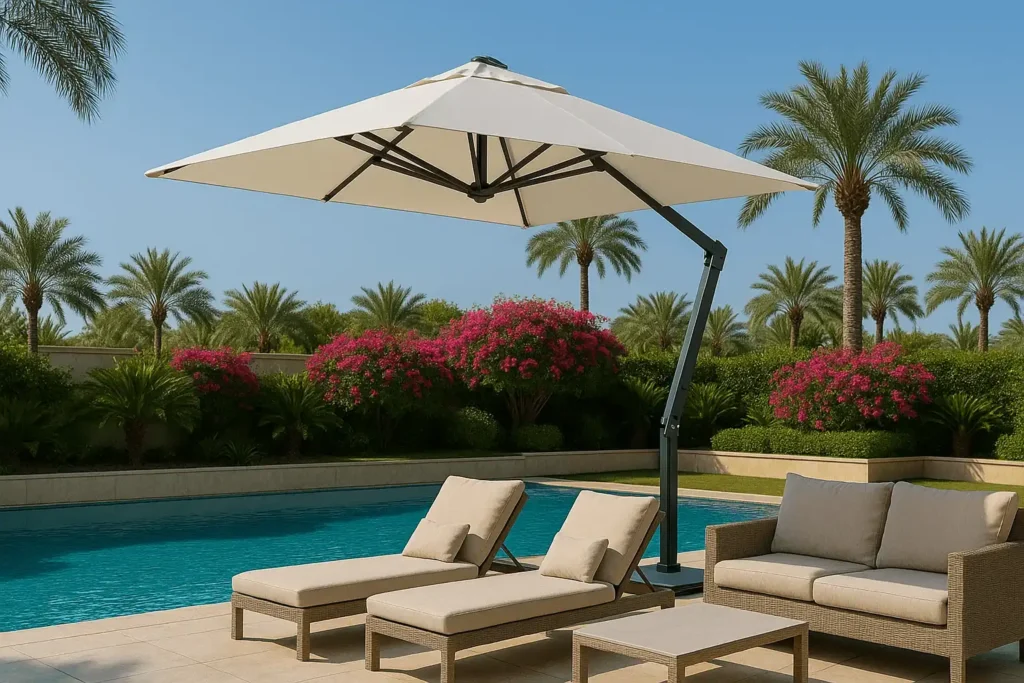 Elegant umbrella installations for poolside, resort, and outdoor café use. Center pole and cantilever umbrellas installed at Dubai café and resort providing stylish outdoor shade