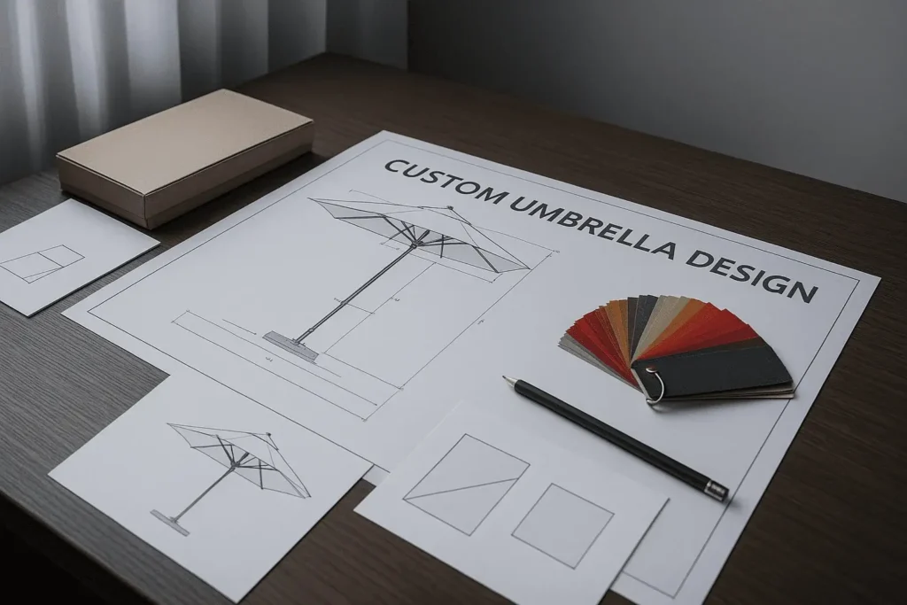 Blueprint and fabric samples for custom outdoor umbrella design on wooden desk in Dubai