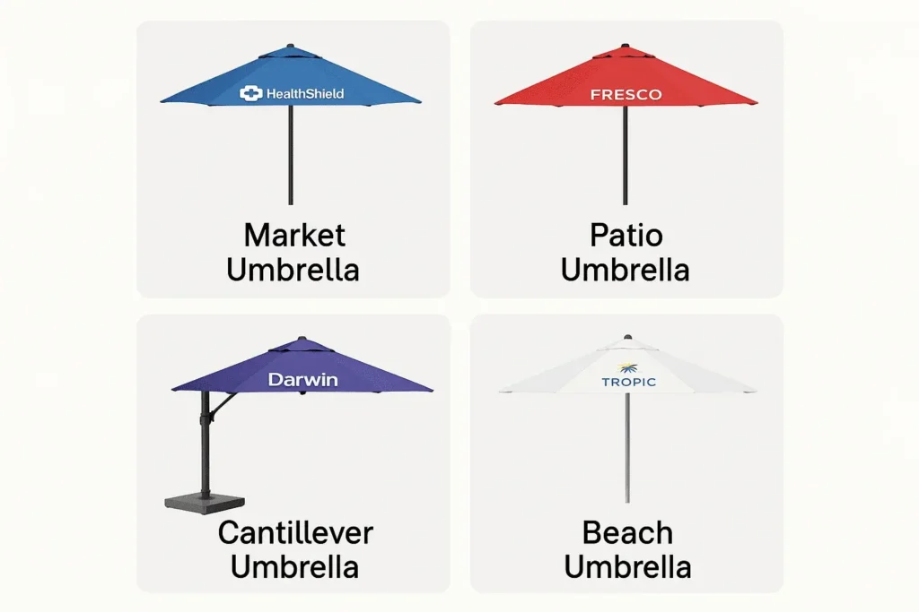 custom-umbrella-types-logo-printing-grid.jpg (1) different custom umbrellas with distinct branded logos