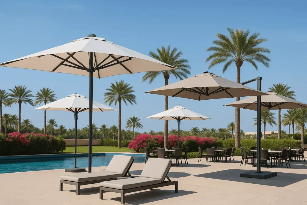 Large cantilever commercial umbrella shading outdoor restaurant seating in Dubai