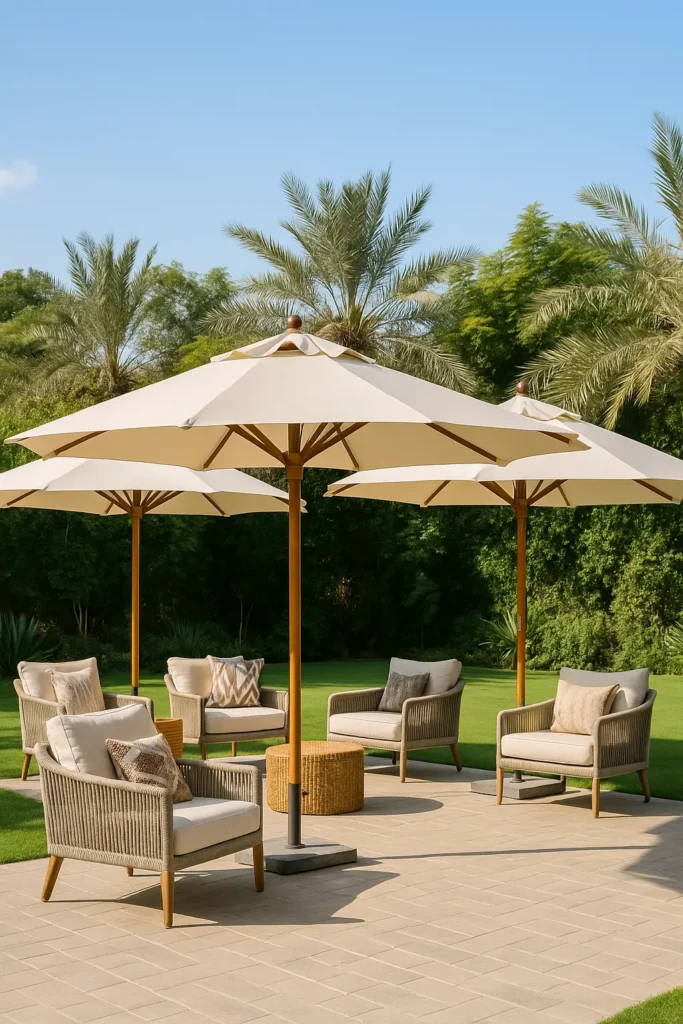 Classic outdoor umbrellas shading a modern garden lounge in Dubai.