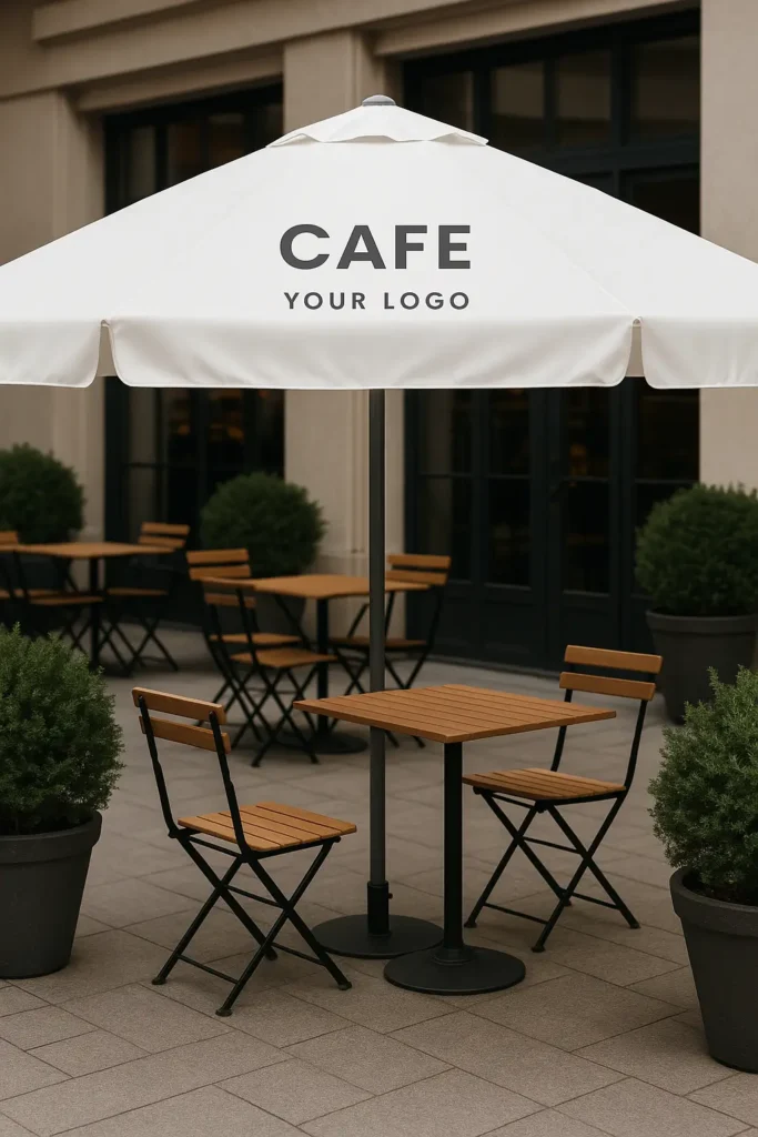 Outdoor café in Dubai with branded beige umbrellas and wooden seating