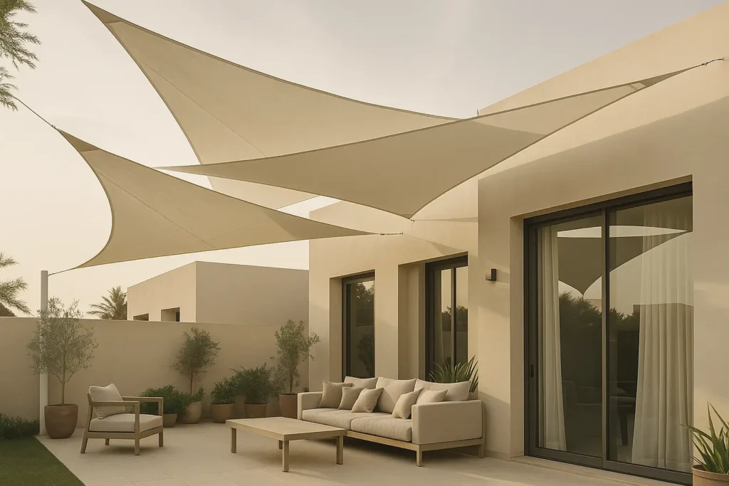 Modern Dubai villa terrace with white triangular shade sails providing elegant outdoor shade