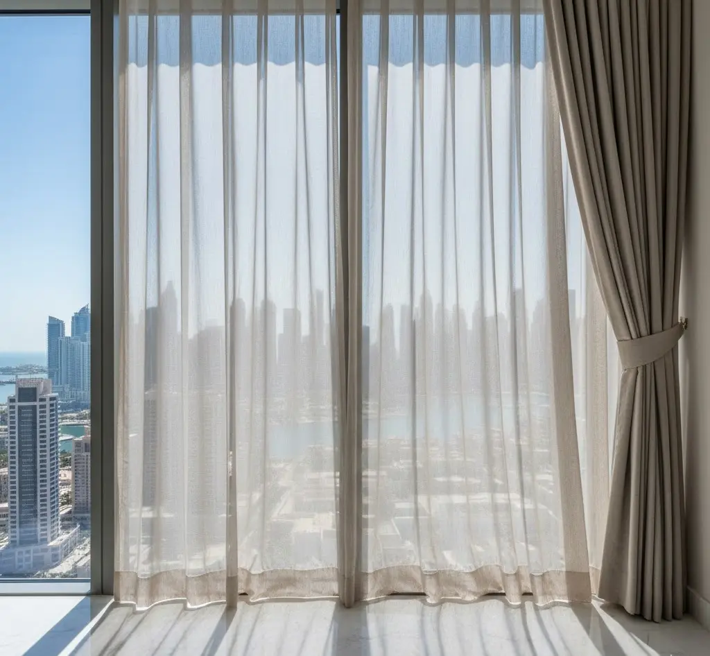 Elegant motorized blackout curtains part of a Luxury Upholstery & Furniture Dubai project by Edge and Curve.