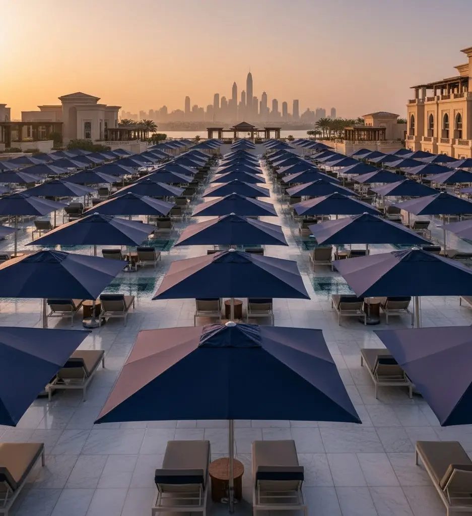 Heavy-duty wind-resistant umbrellas at a luxury Dubai resort pool area during sunset