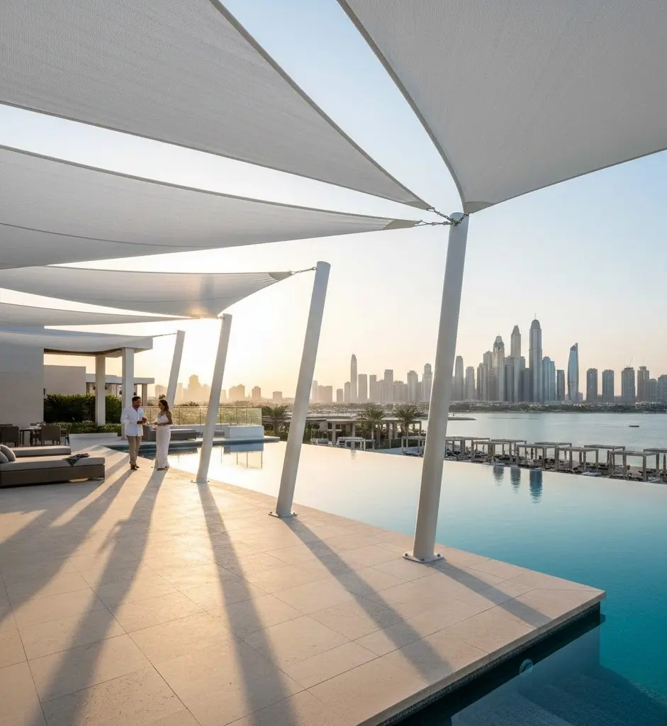Architectural Sail Shades over a luxury infinity pool with the Dubai skyline in the background.