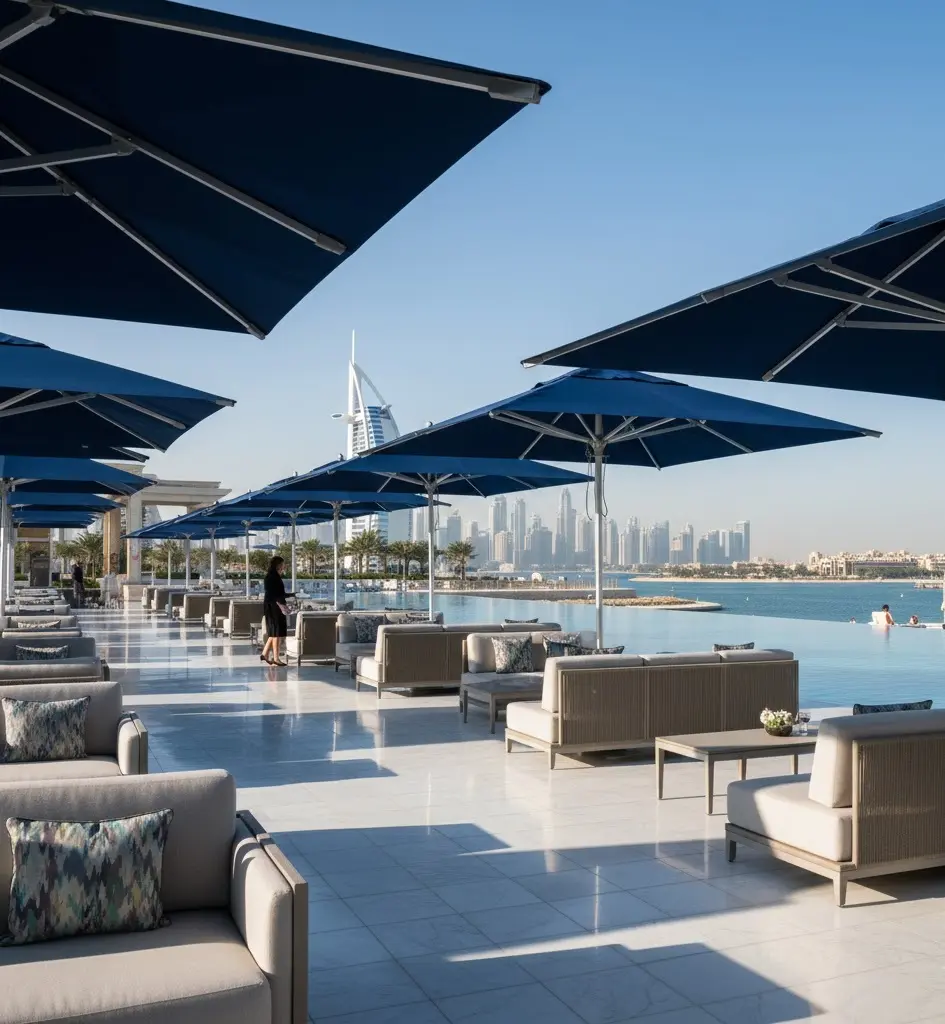 Luxury commercial outdoor furniture sourcing UAE featuring marine-grade cantilever umbrellas at a Dubai resort.