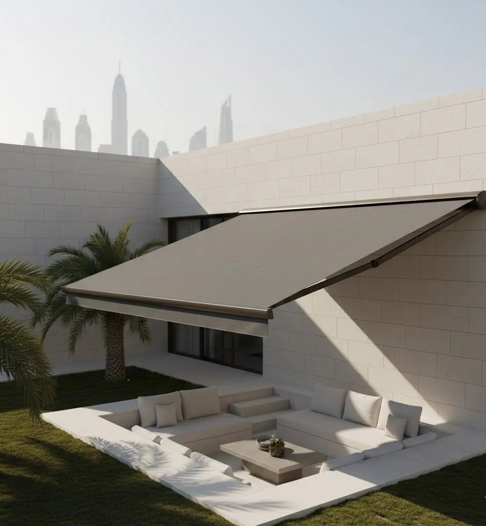 Custom motorized **Retractable Awnings** for luxury homes in the UAE and Saudi Arabia