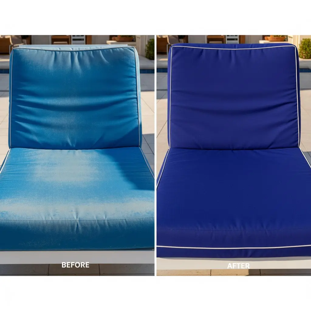 Before and after restoration of resort sun loungers featuring Luxury Upholstery & Furniture Dubai by Edge and Curve using marine-grade fabric.