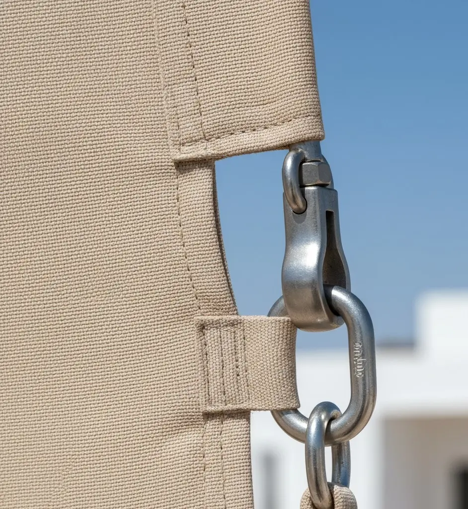 Close-up of marine-grade fabric texture and stainless steel hardware on an Architectural Sail Shades.