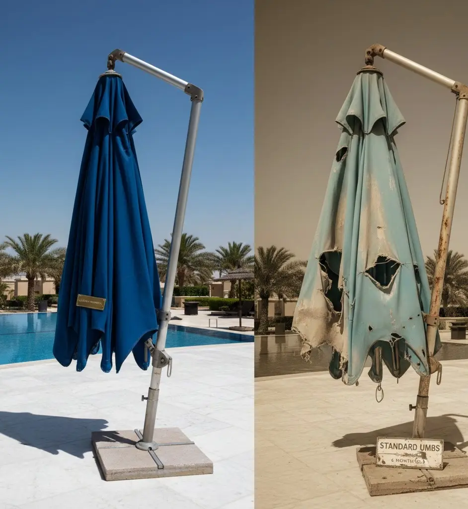 Comparison of marine-grade fabric vs sun-damaged standard umbrellas for commercial outdoor furniture sourcing UAE.