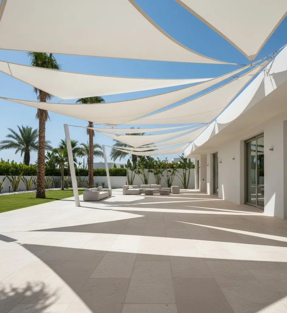 Geometric overlapping Architectural Sail Shades providing shade for a modern villa garden in Dubai.