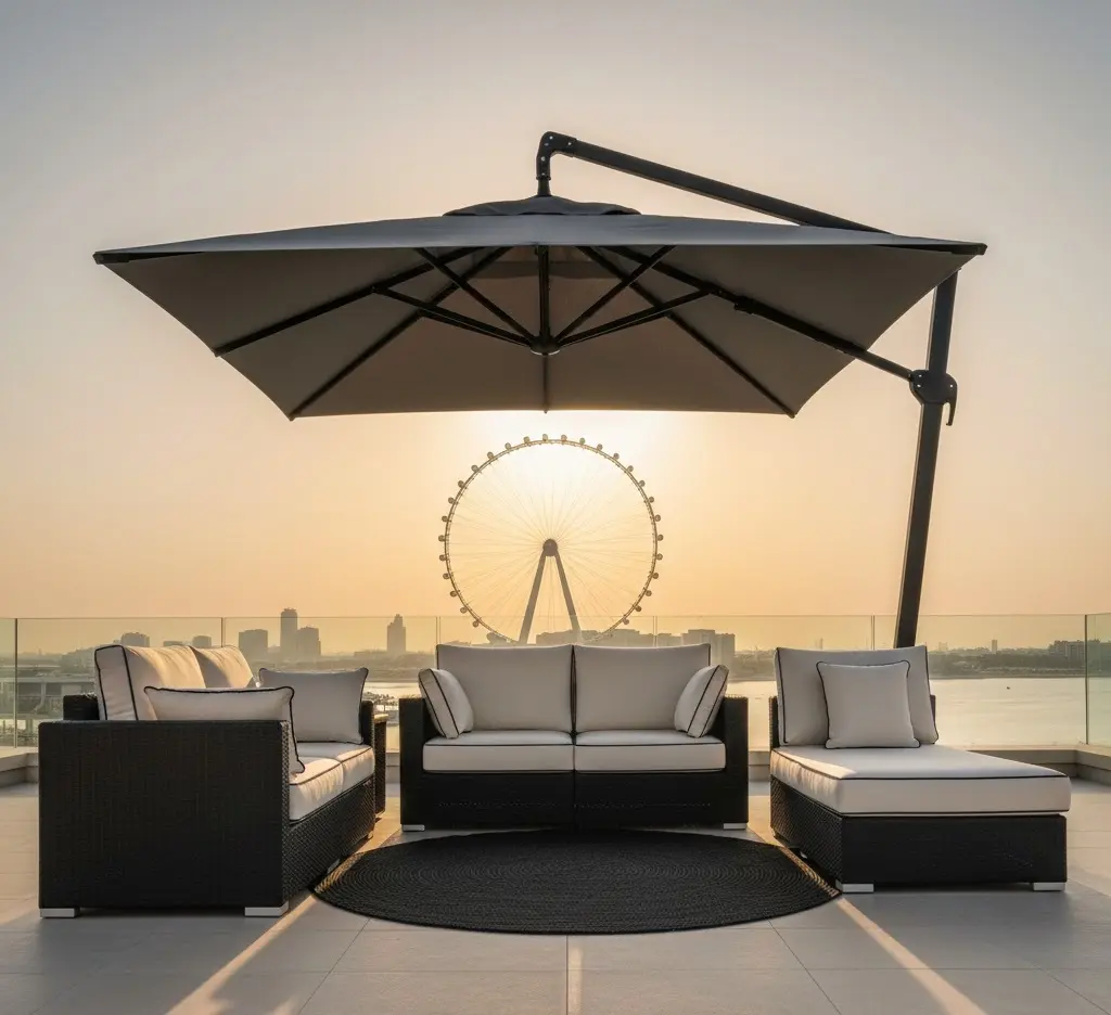 A luxury resort terrace featuring custom cantilever umbrellas and matching Luxury Upholstery & Furniture Dubai by Edge and Curve.