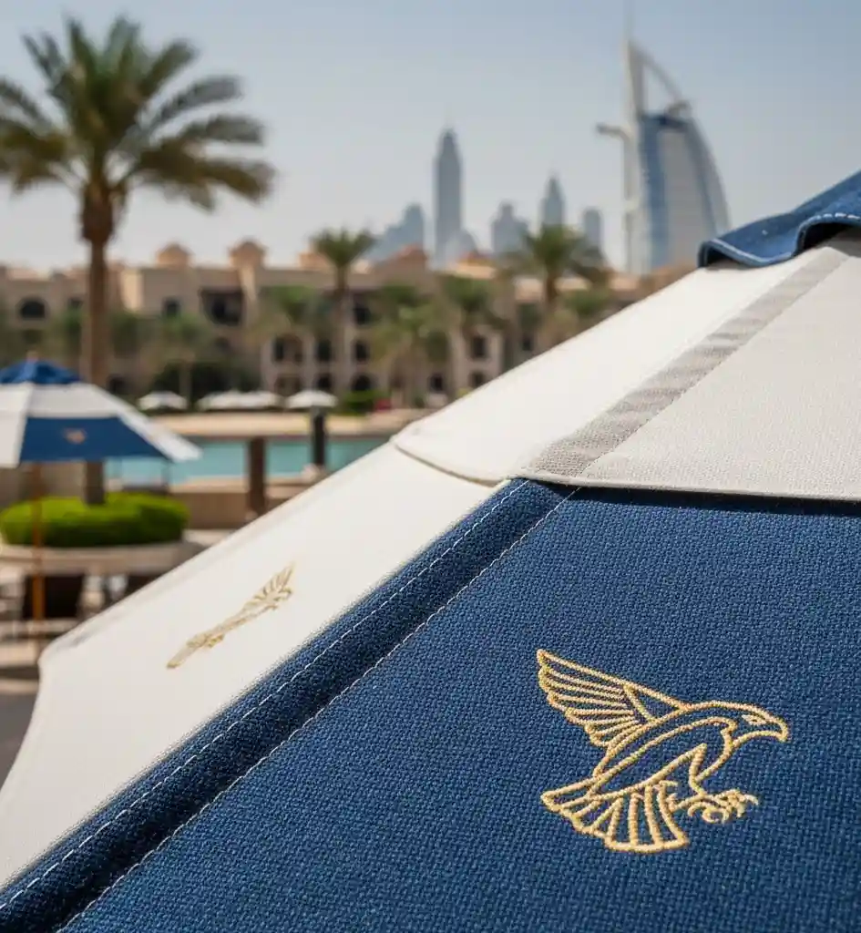 commercial-umbrella-dubai-luxury-branding-texture (1) Luxury Commercial Umbrella Dubai with marine-grade fabric texture and bespoke gold branding, set against a Dubai skyline with high-contrast shadows.