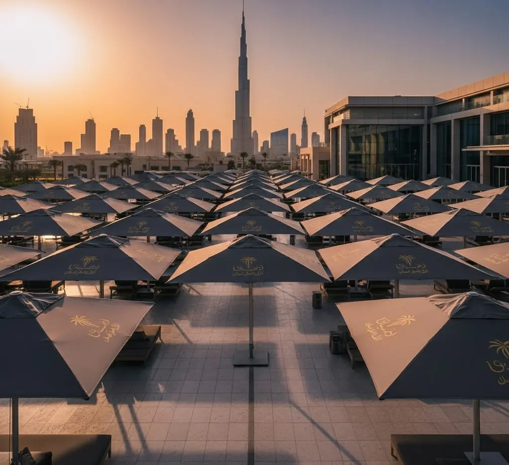 custom-logo-branded-commercial-umbrellas-dubai-hotel (1) Wide-angle architectural shot of a luxury hotel poolside featuring a row of custom branded umbrellas with high-fidelity corporate logos, UV-resistant marine-grade fabric, shot in harsh desert sunlight with high-contrast shadows