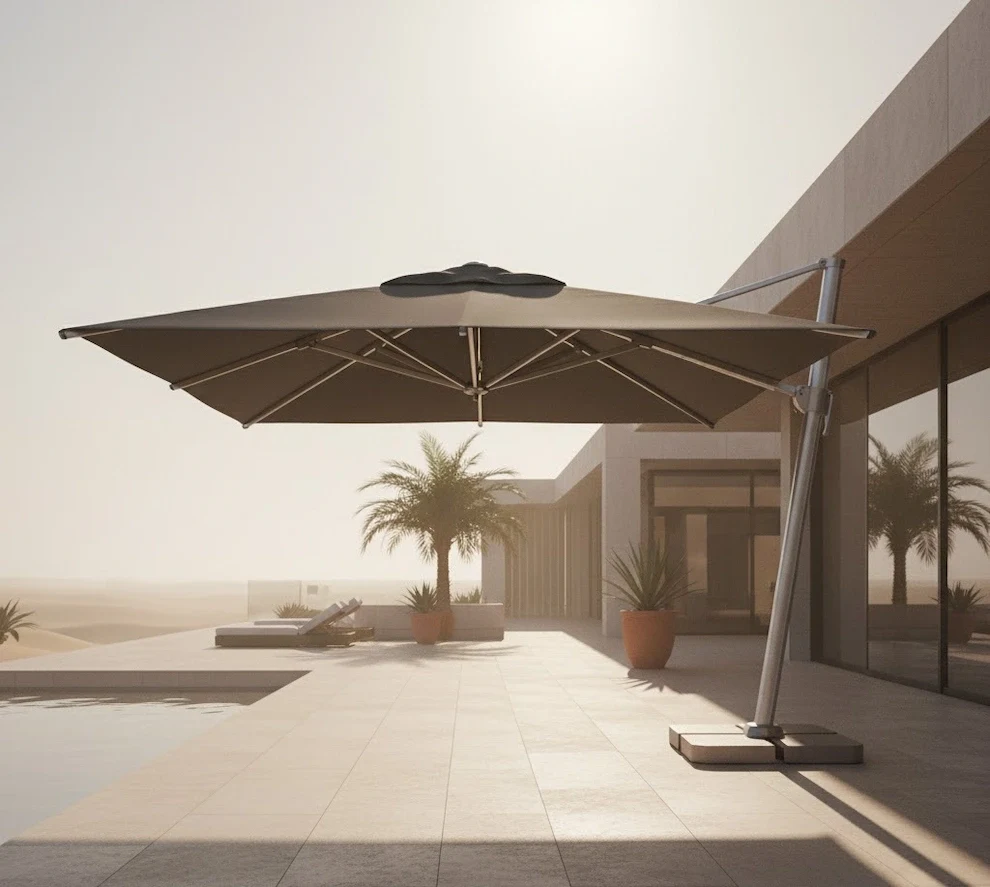 Heavy-duty wind resistant umbrella for a luxury Riyadh villa, engineered for harsh desert sunlight and seasonal KSA sandstorms