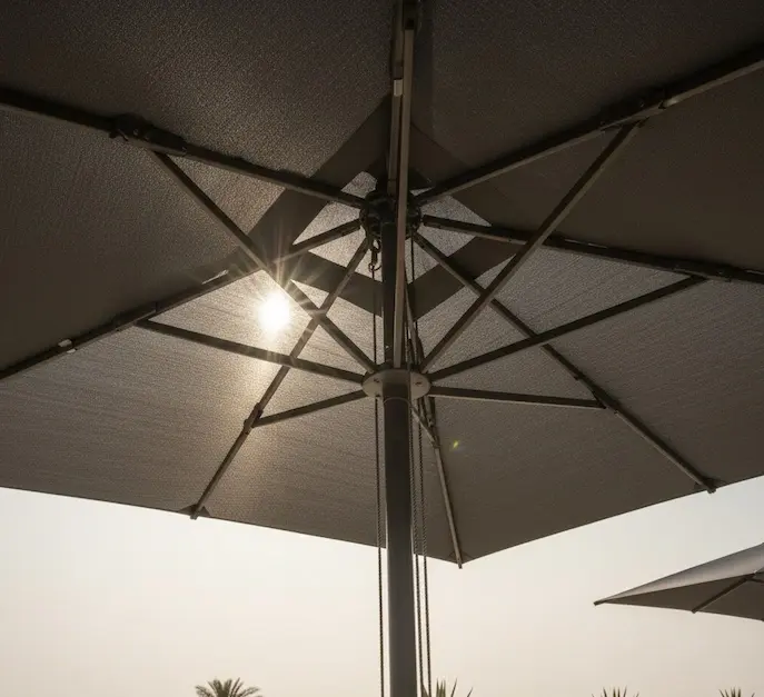 Low-angle architectural photography of Heavy-Duty Wind Resistant Umbrellas showing the marine-grade reinforced frame and structural bones