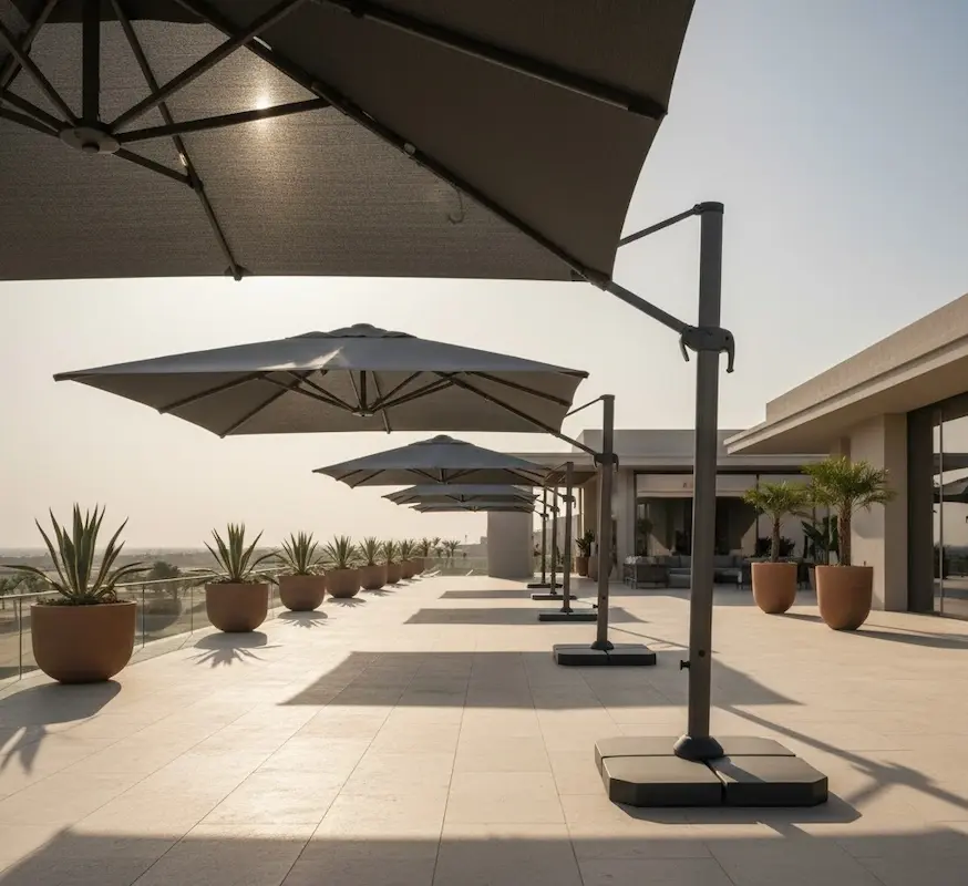 Heavy-Duty Wind Resistant Umbrellas Dubai installed on a luxury Riyadh villa terrace to withstand harsh desert sunlight and high winds.