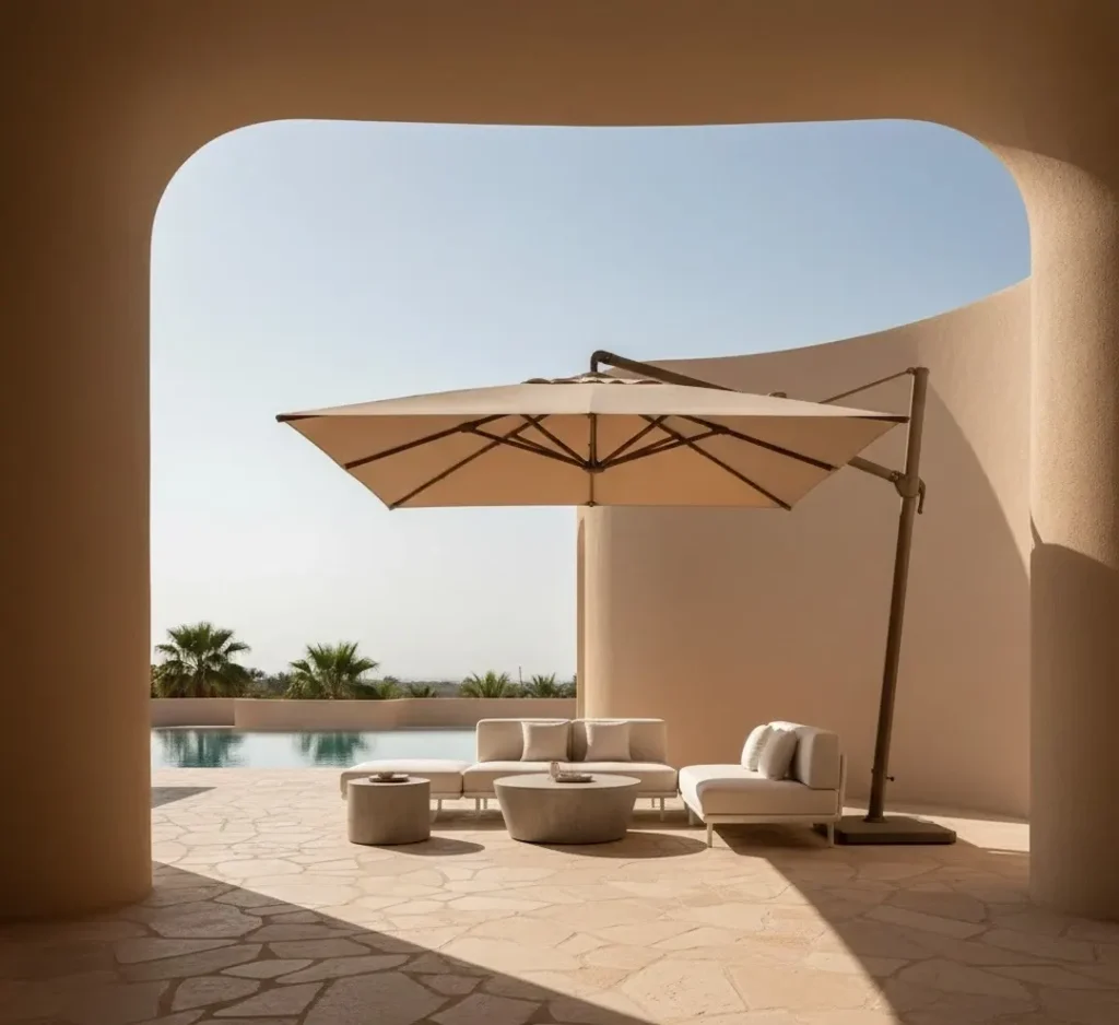 Luxury Cantilever Umbrella Dubai Patio Resort Aesthetic A serene Dubai patio with curved sand-colored walls and a luxury cantilever umbrella under harsh desert sunlight.
