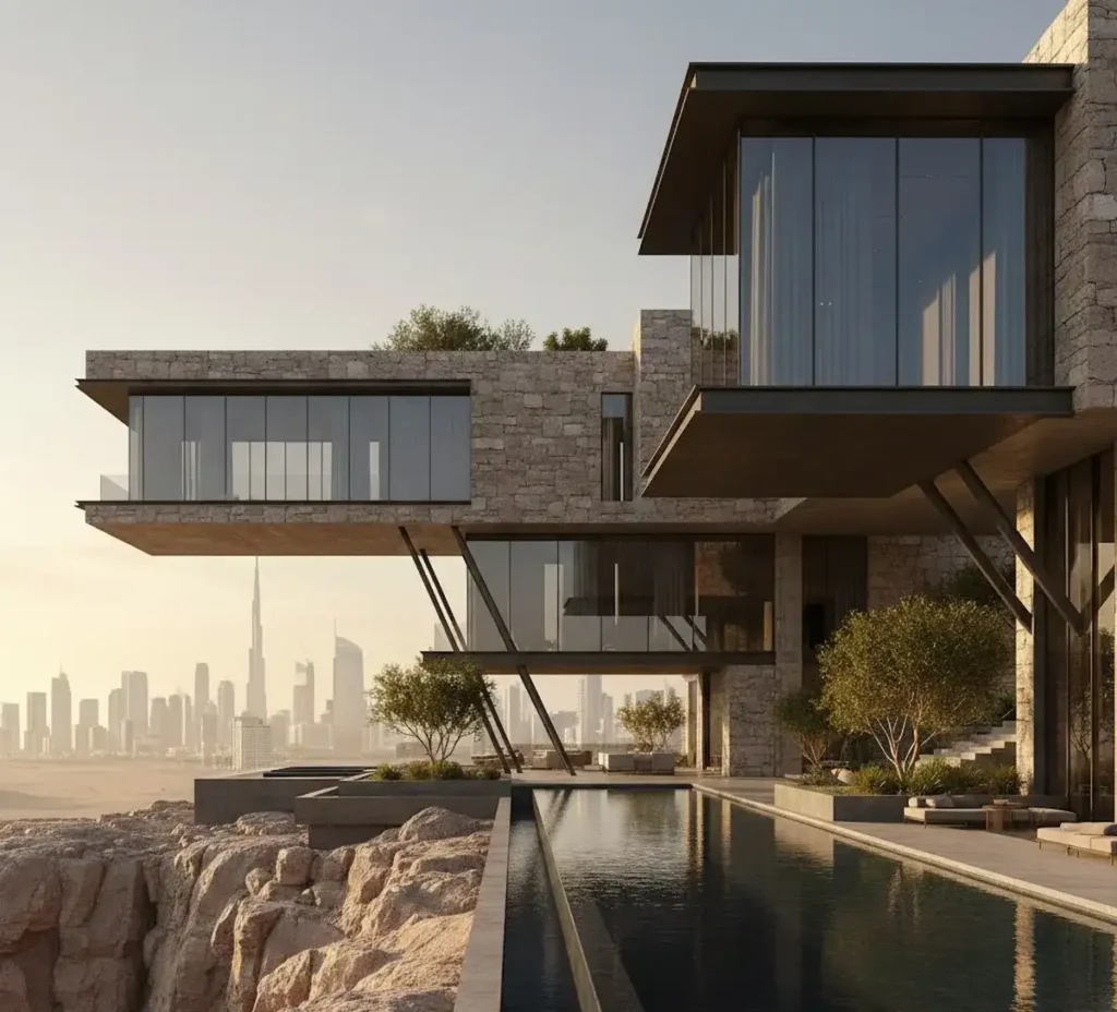 Luxury resort aesthetic villa in Dubai blending Neom architecture and Dubai skyline at golden hour. Resort umbrella dubai