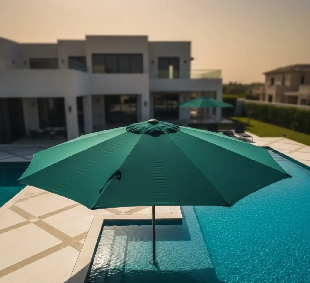 luxury-resort-cantilever-umbrella-dubai-saudi (1) Hyper-realistic 8k Round Green Cantilever Umbrella, luxury resort aesthetic with harsh desert sunlight and high-contrast shadows. Premium shading for Dubai and Saudi Arabia estates.