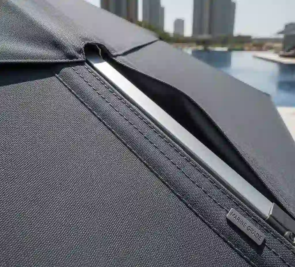 Close-up of marine-grade fabric for wind resistant umbrellas in Palm Jumeirah