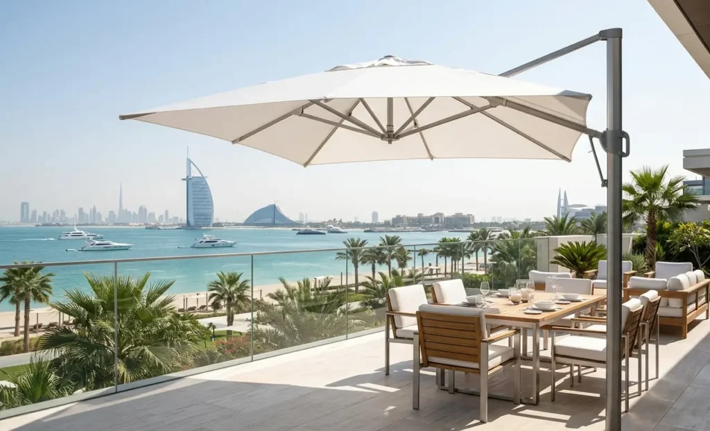 Commercial Hospitality Umbrellas Dubai, luxury resort aesthetic, marine-grade fabric, architectural shading, high-contrast shadows.